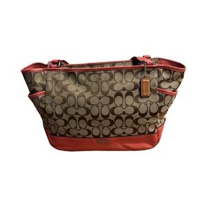 Coach Brown Signature Jacquard Tote with Coral Trim